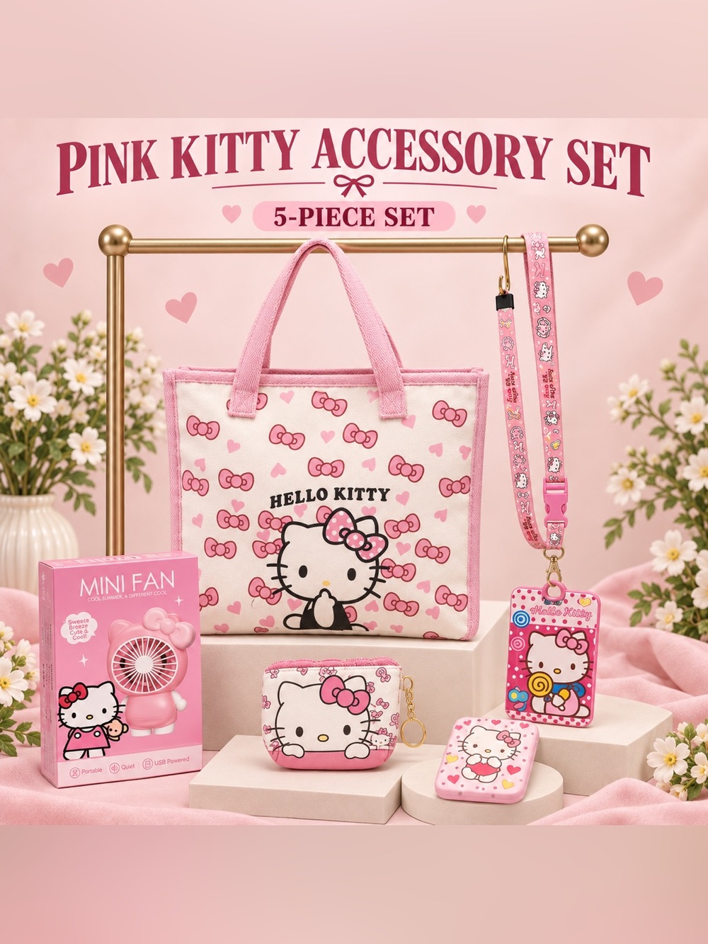 Pink Kitty-Themed Tote Bag & Accessories – 5-Piece Set